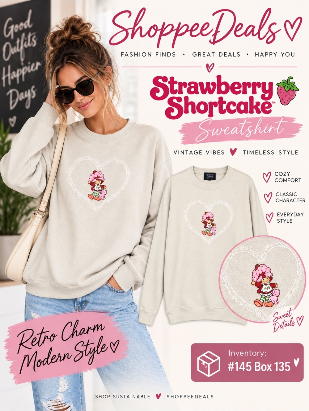 Strawberry Shortcake Cream Graphic Sweatshirt Heart Design Cozy Pullover